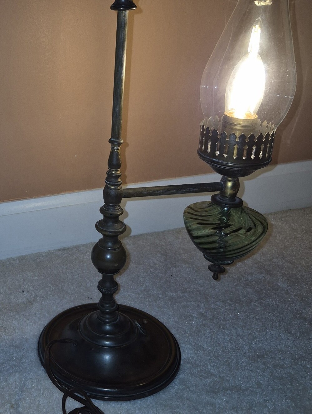 Vintage Brass and Green Swirl Glass Accent Lamp - Unbranded